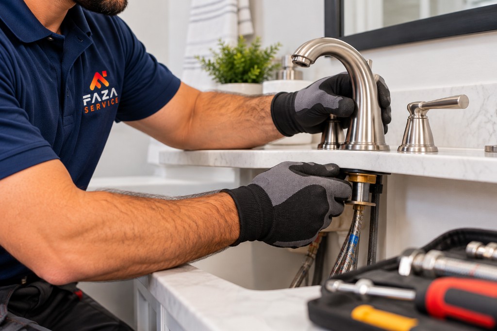 Faza Service plumber installing a bathroom faucet